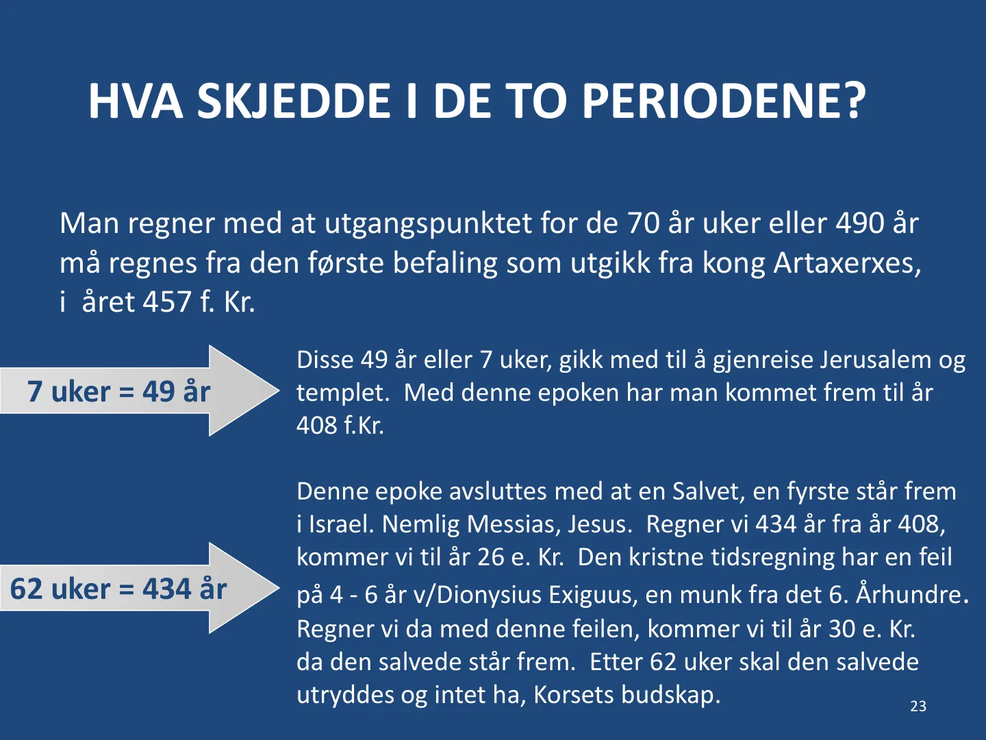 23 7 uker = 49 år Man regner med at utgangspunktet for de 70 år uker eller 490 år må regnes fra den første befaling som utgikk fra kong Artaxerxes, i året 457 f. Kr. 62 uker = 434 år Disse 49 år eller 7 uker, gikk med …