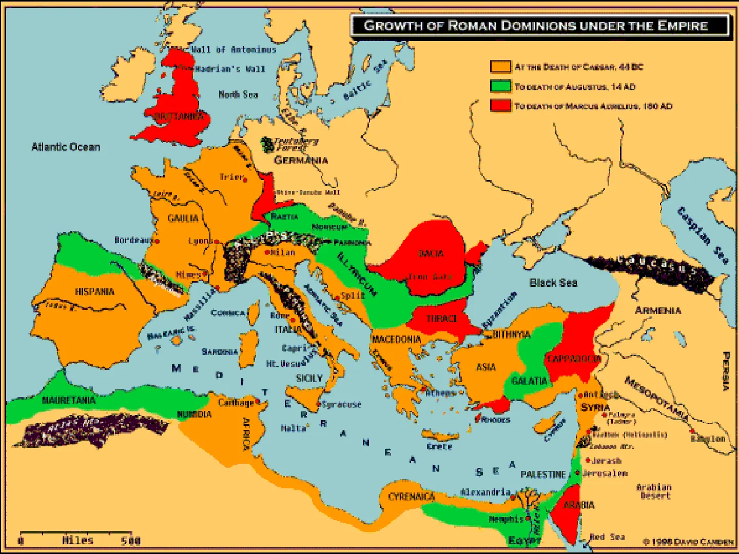 GROWTH OF ROMAN DOMINIONS UNDER THE EMPIRE Jall of Antoninus adrian's Wall AT THE DEATH OR CAESAR, 44 DC North Sea TO OLATH OF AUGUSTS, 14 AD TO DEATH OF MARCUS AcALLINS, 180 AD Atlantic Ocean GERMANIA Trier GAULIA …