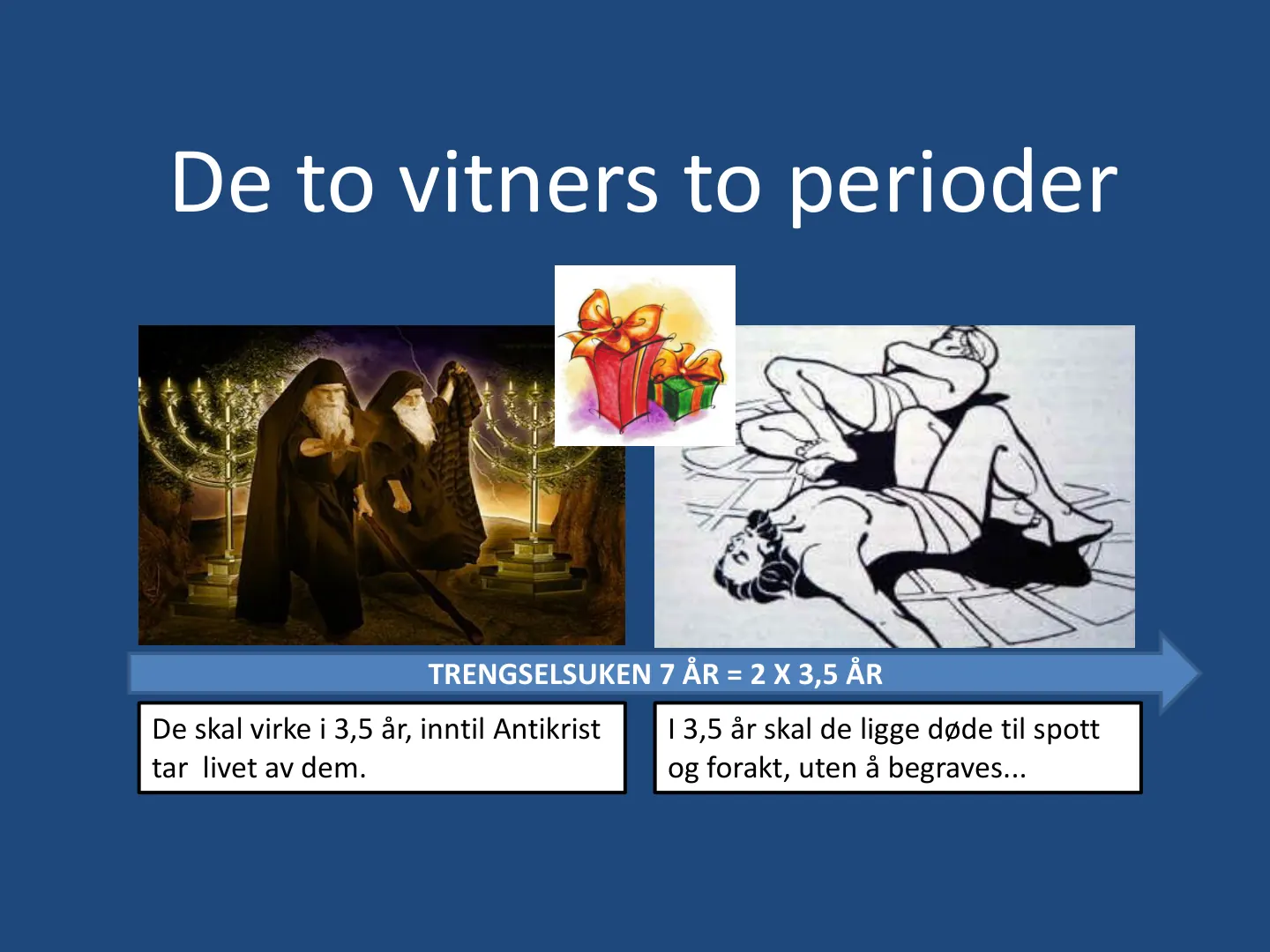 TRENGSELSUKEN 7 ÅR = 2 X 3,5 ÅR De skal virke i 3,5 år, inntil Antikrist tar livet av dem. I 3,5 år skal de ligge døde til spott og forakt, uten å begraves... De to vitners to perioder